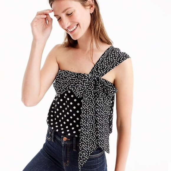 J. Crew Tops - J Crew Polka Silk One Shoulder Bow Polka Dot Top 2